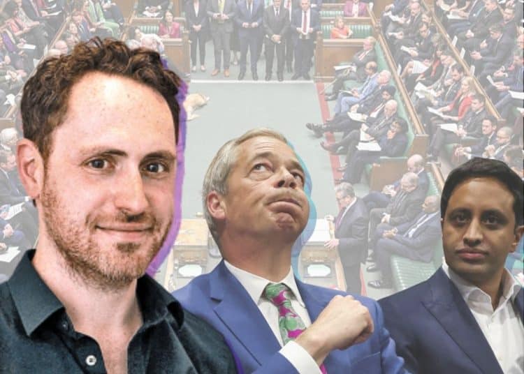 Hugo Rifkind of the Times, and Nigel Farage and Zia Yusuf of Reform UK