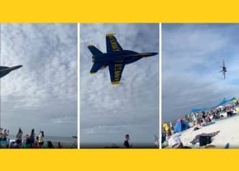 Images of a Blue Angels jet passing over a beach full of people
