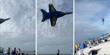 Images of a Blue Angels jet passing over a beach full of people
