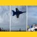 Images of a Blue Angels jet passing over a beach full of people