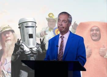 Nigel Farage, Count Bindace, Howling Laud Hope, Baron Von Thunderclap and Mr Fishfinger who are all standing as candidates in the Clacton by-election