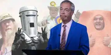 Nigel Farage, Count Bindace, Howling Laud Hope, Baron Von Thunderclap and Mr Fishfinger who are all standing as candidates in the Clacton by-election