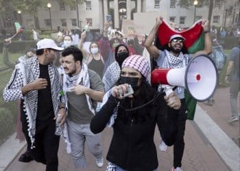 Israel: Pro-Palestinian demonstrators march at Columbia University on 12 October 2023