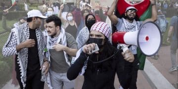 Israel: Pro-Palestinian demonstrators march at Columbia University on 12 October 2023
