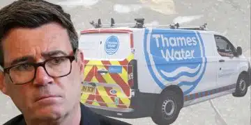 Andy Burnham of the Labour Party and a Thames Water van