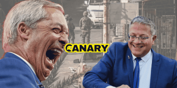 Reform An image of occupied Syria in the background. It shows soldiers walking up a road. In the foreground on the left we have an image of Farage laughing hard. On the right is an image of Ben Gvir and he appears to be dancing. In the middle of the image is the Canary UK logo