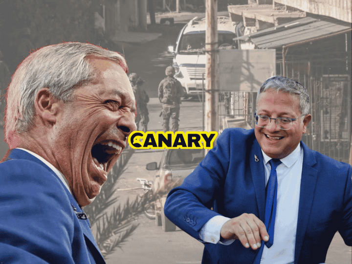 Reform An image of occupied Syria in the background. It shows soldiers walking up a road. In the foreground on the left we have an image of Farage laughing hard. On the right is an image of Ben Gvir and he appears to be dancing. In the middle of the image is the Canary UK logo