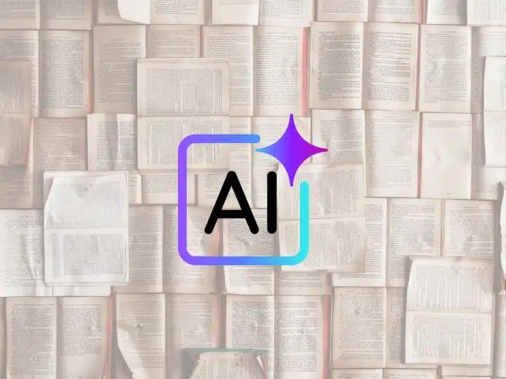 The word AI and a pile of old books
