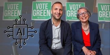 Zack Polanski and Geraldine Coggins of the Green Party and an AI logo
