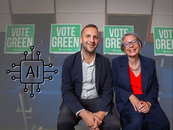 Zack Polanski and Geraldine Coggins of the Green Party and an AI logo
