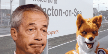 An image of Clacton-On-Sea's railway track with the sign in show. In front of them on the right is Rob Pownall dressed in his red fox outfit. On the left is an image of Nigel Farage's bust, and he is looking perplexed