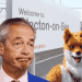 An image of Clacton-On-Sea's railway track with the sign in show. In front of them on the right is Rob Pownall dressed in his red fox outfit. On the left is an image of Nigel Farage's bust, and he is looking perplexed