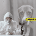 Animal testing: In the background is a picture of a sad looking beagle locked in a cage. In the foreground is an animal researcher who is looking at the camera. They have a white lab suit on, gloves and a mask and are experimenting on a white rabbit. Next to them, on the right, is the Canary logo
