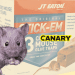 A picture of a pack of glue traps in the background called 'Stick'Em - 3 mouse glue traps'. In the foreground on the left is a cute mouse eating something. Next to it on the right is the Canary logo