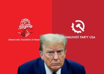 Composite image showing donald Trump in front of the logos of Democratic Socialists of America and Communist Party USA