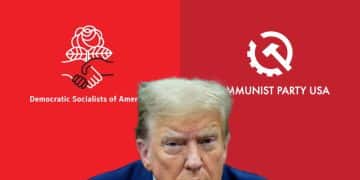 Composite image showing donald Trump in front of the logos of Democratic Socialists of America and Communist Party USA