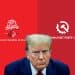 Composite image showing donald Trump in front of the logos of Democratic Socialists of America and Communist Party USA