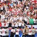 England v Ghana at the Boston Stadium, on 23 June 2026. England fans applaud the players after the match from the fans. It's a vivid array of flags, England shirts and red and white