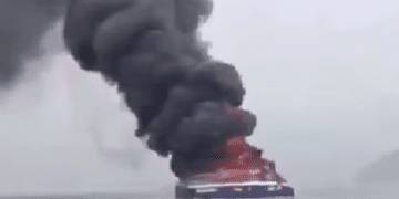 Excerpt of video showing an alleged Iran ship on fire after Ukrainian attack in Caspian Sea