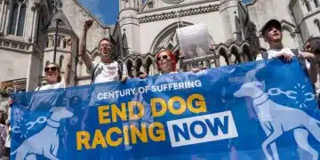 Protesters against greyhound racing hold a banner saying End Dog Racing Now