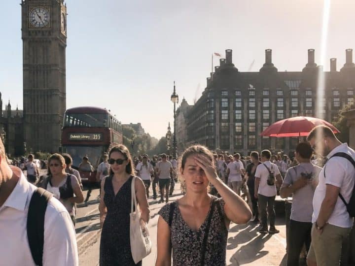 Pedestrians on Westminster Bridge in heatwave