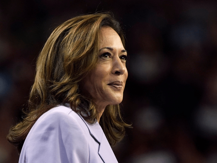 Kamala Harris smiling with a closed mouth in a smart suit looking into the distance, looking relaxed and assured