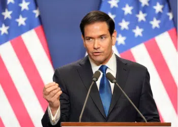 US Secretary of State Marco Rubio speaks during a joint news conference with Hungary's Prime Minister Viktor Orban in Budapest, Hungary, Monday 16 February 2026