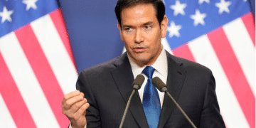 US Secretary of State Marco Rubio speaks during a joint news conference with Hungary's Prime Minister Viktor Orban in Budapest, Hungary, Monday 16 February 2026