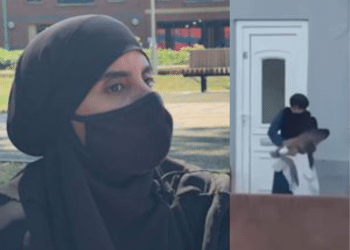 Nora Mubarak (left) a Muslim woman from Wigan, and a screen shot (right) of her holding the gull and a white sheet in her grasp
