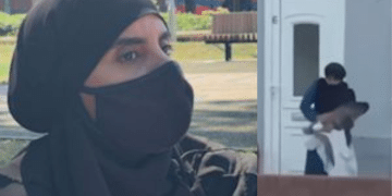 Nora Mubarak (left) a Muslim woman from Wigan, and a screen shot (right) of her holding the gull and a white sheet in her grasp