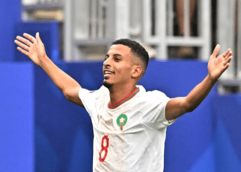 Azzedine Ounahi celebrates scoring the first goal for Morocco