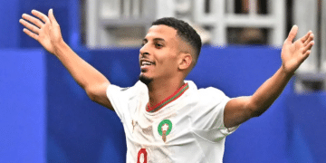 Azzedine Ounahi celebrates scoring the first goal for Morocco