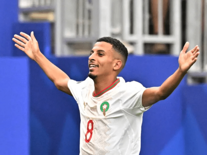 Azzedine Ounahi celebrates scoring the first goal for Morocco