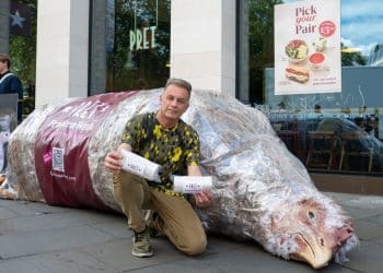 Chris Packham with a 'Frankenwrap' prop outside a branch of Pret A Manger