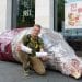 Chris Packham with a 'Frankenwrap' prop outside a branch of Pret A Manger