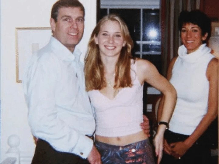 The infamous photo of Prince Andrew with his arm around Virginia Giuffre, 17, in 2001 with convicted sex offender, Ghislaine Maxwell, in the background smiling at the cameraperson too