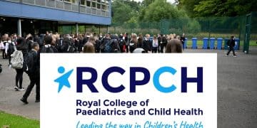 RCPCH logo over an image of children in a school playground