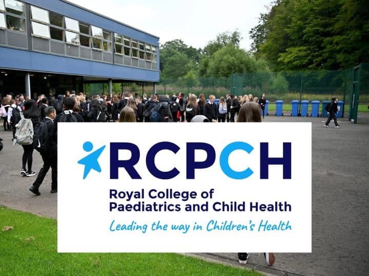RCPCH logo over an image of children in a school playground