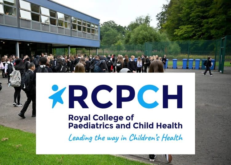 RCPCH logo over an image of children in a school playground