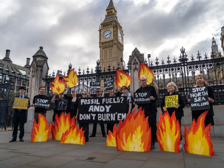 Protest outside parliament calls on Burnham to reject Rosebank oil field