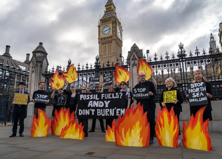 Protest outside parliament calls on Burnham to reject Rosebank oil field