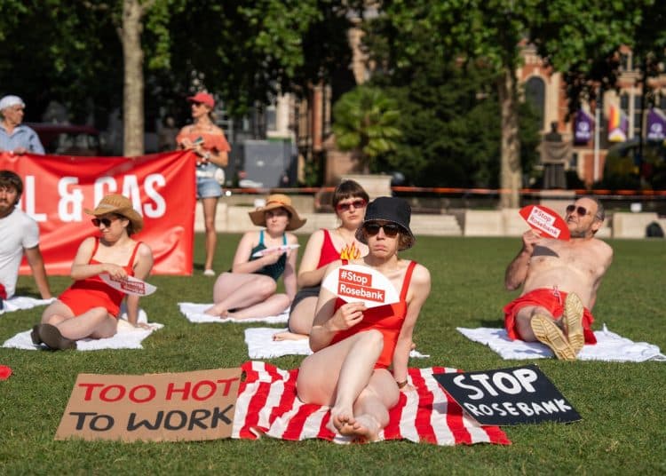 'Sunbathers' protest Rosebank oil field as heatwave hits London