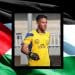 Composite image of goalkeeper Saleem Khader Al-Ashqar over a Palestine flag
