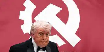 Composite image with Trump in front of a Communist Party USA flag