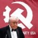 Composite image with Trump in front of a Communist Party USA flag