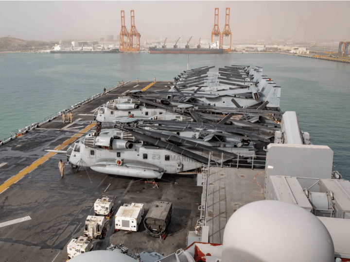 The U.S Navy Wasp-class amphibious assault ship USS Kearsarge arrives for a port visit in Salalah, Oman, on 8 March 2026. Iran is attacking US aircraft support bases.