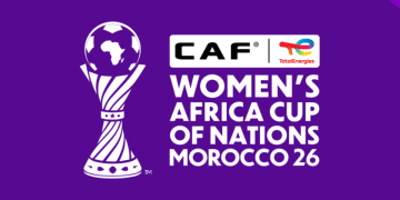 The CAF WAFCON logo of a footbal trophy with the name of the tournament alongside it