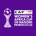 The CAF WAFCON logo of a footbal trophy with the name of the tournament alongside it
