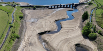 Woodhead Reservoir in Derby from above so you can see the grassy areas, windy water in the middle and the bank either side