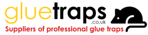 A logo for Gluetraps.co.uk. The part that says 'glue' is in a bright yellow and 'traps' is in black with a small, simple image of a mouse next to it. Underneath in read it says 'suppliers of professional glue traps'